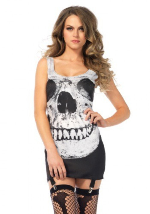This tank dress features an image of a skull on the front and back as well as garter straps attached to the bottom. #dress