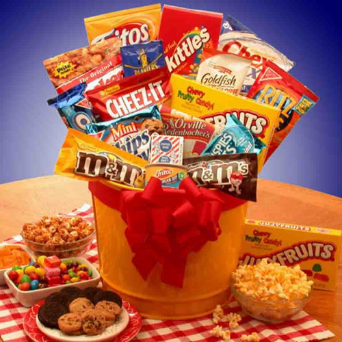 When you need a last minute gift consider a Junk Food Basket. A collection of junk food is sure to satisfy the biggest junk food junkie or couch potato you know. Once the goodies are gone, they can use the cheerful pail for holding collectibles, candy or #food