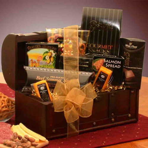 A gourmet food treasure chest! Act on your thoughtfulness for any reason at all, and your kindness will shine through with this treasure chest of gourmet foods. The solid wooden treasure chest is filled with delicious gourmet food treats and snacks and th #food