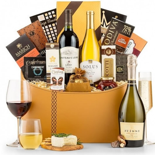 A grand impression is certain with this keepsake attache containing 3 noteworthy wine selections: Kendall Jackson Chardonnay, Chateau Ste. Michelle Cabernet Sauvignon, and Wolf Blass Yellow Label Brut Sparkling Wine plus gourmet delights #food