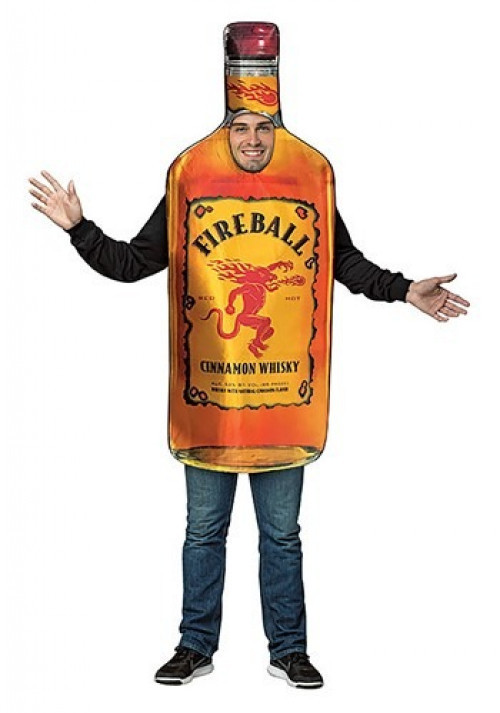 Cinnamon, fire and whiskey, what could be better? This Adult Fireball Bottle Costume that is. Show your love for your favorite adult beverage, and gain some laughs along the way! #food