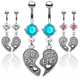 2pc Set - Best Friends - BFF Dangle Navel Ring (Belly / Body Jewelry) Pink, Blue or Clear CZ #best