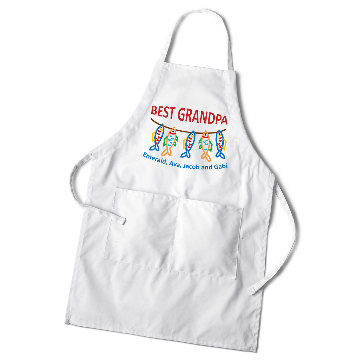 The endearing message reading, "Best Grandpa" is complemented with colorful images of grilled fishes. It includes two front pockets too. An engaging and colorful design of fishes along with the text, Best Grandad adorns this delightful apron. This custom #best