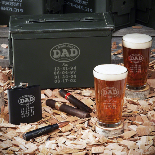 Your dad is impossible to shop for but still deserves the gift imaginable. Our custom ammo box set has everything your dad needs. The two matching pint glasses are the best way to enjoy any beer. The engraved 50-caliber bullet bottle opener can easily fit #best