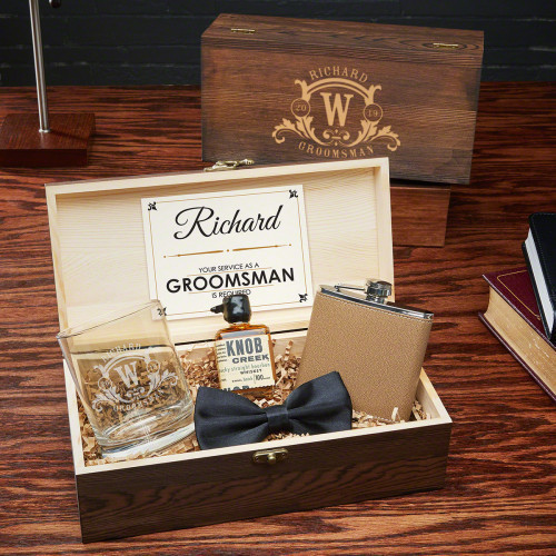 Surprise the guys who will be standing alongside their best friend at the altar on wedding day with a gift box set they will never expect. This five piece personalized groomsmen gift box set comes packed with valuable amenities, and is sure to go down in #best