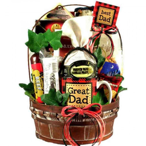 A Perfect Father's Day Gift - Remind your dad how great he is with our Great Dad Gift Basket. This handsome gift basket features an attractive reusable painted wooden basket filled with gifts and hardy gourmet goodies he will love. A Great Dad coffee mug #best