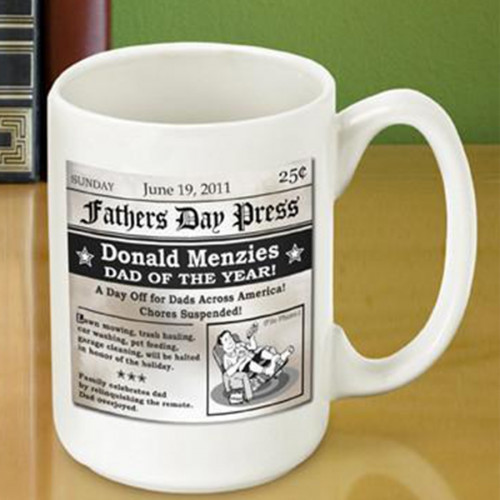 A great gift idea for Father's Day! Dad will remember you with his cup of coffee every morning. Extra Extra read all about it! Using a newspaper style theme this high quality coffee mug announces that your dad is the dad of the year! Holds 15 ounces. Add #mug