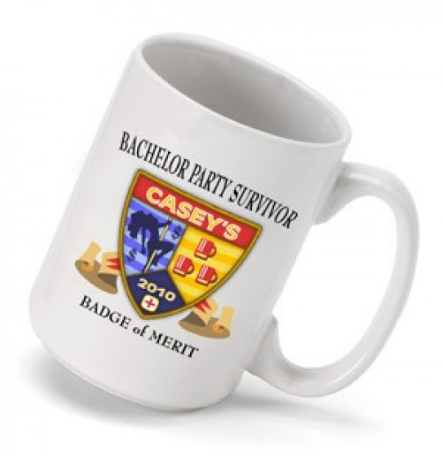 Give them a funny cup for the coffee the morning after. Bachelor party attendees and groomsmen will love this hilarious mug which offers a merit badge for making it through the night before the wedding party. The colorful insignia includes all the vices o #mug