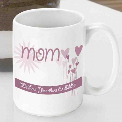 Customize a mug for Mom this Mothers Day! This sweetheart of a gift is sure to make Mom smile! Make sure she always wakes up to a loving message along with her favorite brew with our personalized Hearts and Flowers mug. This heavy duty ceramic mug holds u #mug