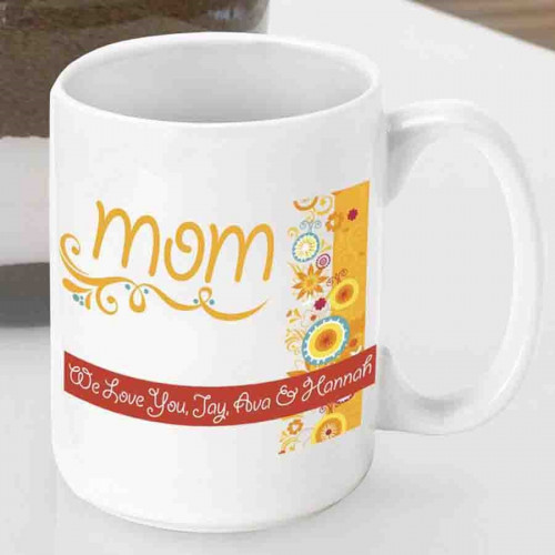 Personalize a coffee mug for Mom this Mothers Day! Our vibrantly whimsical Sunshine and Flowers mom mug is too cute to pass up! Now Mom can wake up every morning to a kind word from you along with her favorite brew. Order a coffee cup for Mother's Day, a #mug