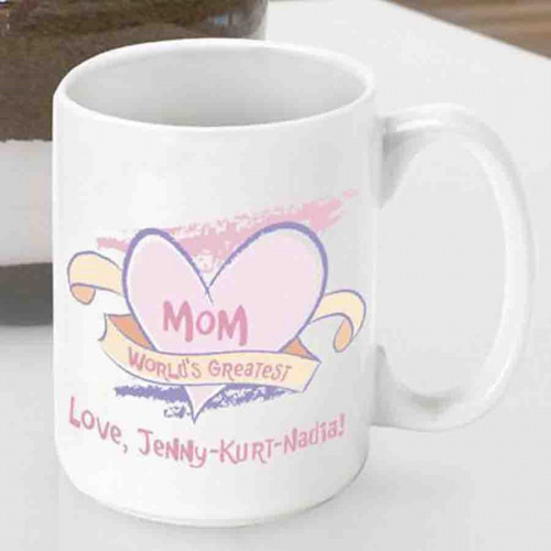Show Mom that you care with a personalized Mom mug! Declare her the World's Greatest Mom with this sweet and whimsical coffee mug for a super mother. Wake her up every morning with a sweet message to enjoy with her favorite brew. Personalize a coffee cup #mug