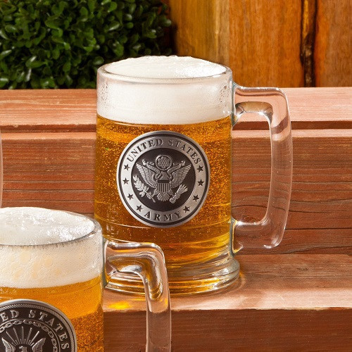 This beer stein is made using thick glass and enhanced with a personalized pewter medallion. An Army emblem is featured on the front of the mug. This customized beer stein is bound to charm everyone who shares admiration for Army vets. The thick glass co #mug