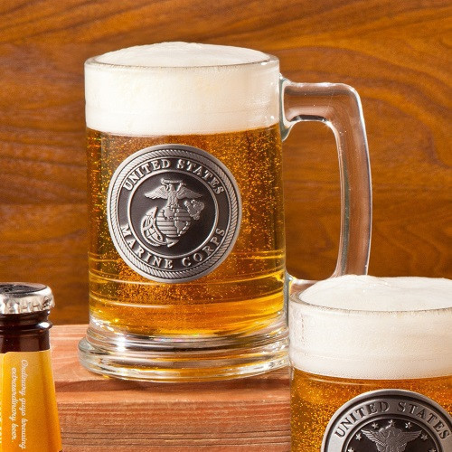 Sip beer while enjoying the company of your friends in this Marine beer stein. It can be customized. This Marine theme beer stein is an interesting bar accessory that is designed with a Marine emblem and personalized pewter medallion on the back. The thi #mug