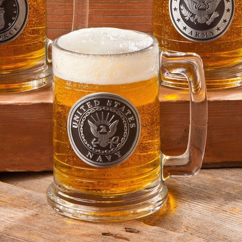 The striking appearance of this glass beer stein comes from its rich Navy emblem and pewter medallion accented with your customized details. If you are looking for a gift for a military person, this Navy emblem accented beer stein is a wonderful option. #mug