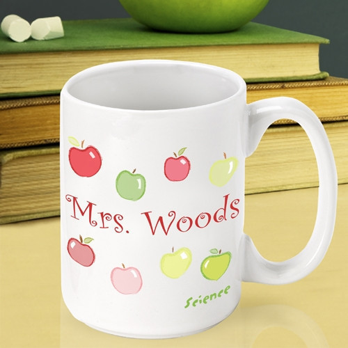 Customize a ceramic mug for a favorite teacher! Nothing makes a teacher happier than apples! Our Happy Apples custom mug is a sweet way to thank that special teacher. This mug will look great in the teacher's lounge or on a desk. The coffee cup holds 15 #mug
