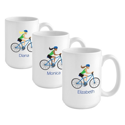 Give a biker girl a coffee mug to reflect her favorite activity! Whether she rides a street bike, a mountain bike or a stationary bike, she will love our Biking coffee mug! This fashionable ceramic coffee cup features fun biking imagery for a great way to #mug