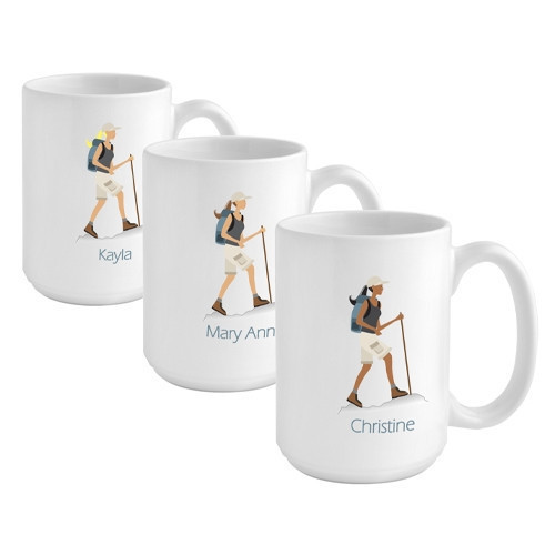 Give a hiker girl a custom coffee mug to reflect her favorite hobby. Be sure she can unwind after a long day on the trail with her favorite beverage in a custom coffee mug! Our Hiking coffee cup is perfect for the hiker gal on your gift list. This 15 oun #mug