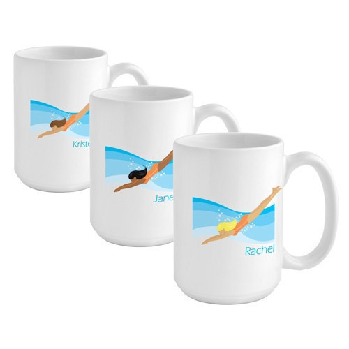 Give a swimmer girl a custom coffee mug reflecting her favorite sport! Help her unwind after a day at the pool with her favorite soothing beverage in a fun custom mug! Our Swimming coffee mug is perfect for the swimmer girl on your gift list. This 15 ounc #mug