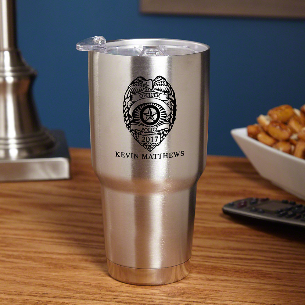 Whether they're a new or retiring law enforcement officer, long days are common for a cop. Give him a gift he needs with this personalized insulated travel mug. Crafted from 18/8 double walled, vacuum insulated stainless steel, each coffee mug can accommo #mug
