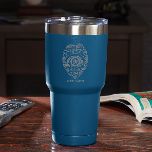 When you favorite officers get the Police Badge personalized travel mug in their hands, they'll never want to put it down. A Yeti-style drink tumbler, it's made from powerhouse 18/8 stainless steel. The double-wall, vacuum insulated construction keeps yo #mug