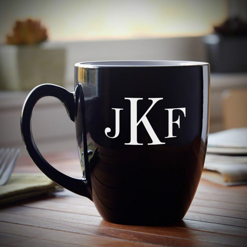 Sleek and modern, made from quality ceramic, this Classic Monogram personalized coffee mug is a first-class gift for any occasion. Featuring a glossy black exterior, we custom engrave each one to order with up to three initials of your choice. The inside #mug