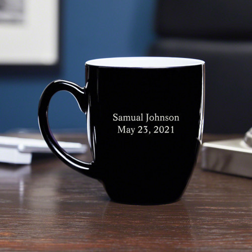 Even if your desk is full of mugs and tumblers, a true coffee lover knows you can never be too ready for that morning cup. Our personalized coffee mug features a smooth black glaze, custom engraved with up to two lines of custom text. You can add a name, #mug