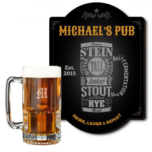 You should be able to show off your love of all things beer in your home bar. No one will be able to doubt your passion with this personalized Modern Beer bar sign and colossal beer mug. These combo sets are the best beer gifts for men on birthdays, holid #mug