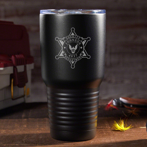 Keeping the county safe is a tough job, so when you've worked up a major thirst, it's time for our Sheriff Badge custom insulated travel mug. Built to last from food grade 18/8 stainless steel, the double walled, vacuum insulated construction keeps your c #mug