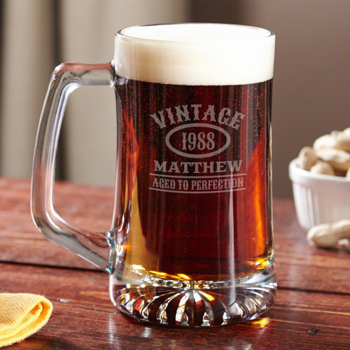 Since birthdays only come around once a year, you only get one chance to find the right gift. Impress that special someone with our Aged to Perfection personalized beer mug. These custom glass mugs are thick and durable with a traditionally styled wide b #mug