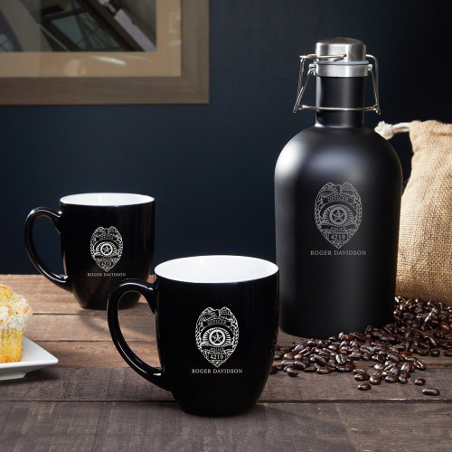 A police officer needs to be alert in order to succeed at his job. Thatâ€™s our personalized police gift set has the secret tools any officer needs to always be ready. An insulated coffee growler allows the police officer in your life to always have a war #mug