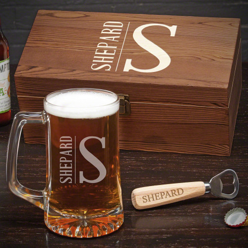 Every beer lover deserves something special for one of their favorite pastimes. Our personalized beer mug gift set gives any guy all they need to enjoy their favorite brew. The beer mug will give them the bar experience in their own home. The included bot #mug