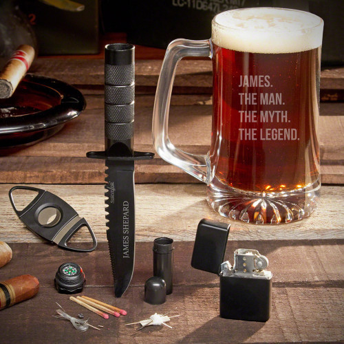A legend amongst legends will have every tool needed for the job. Our custom beer mug gift set looks to make legends out of any interested man. The tactical knife comes with a compass, sewing kit, matches, fishing line, hook, and split shot weight. A flip #mug