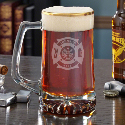 Our heroes deserve the best of the best, give him something to treasure with our stunning gold rim beer mugs. Engraved with a traditional fire & rescue emblem, it is also custom made to feature the name and badge number of your choice. A great keepsake fo #mug