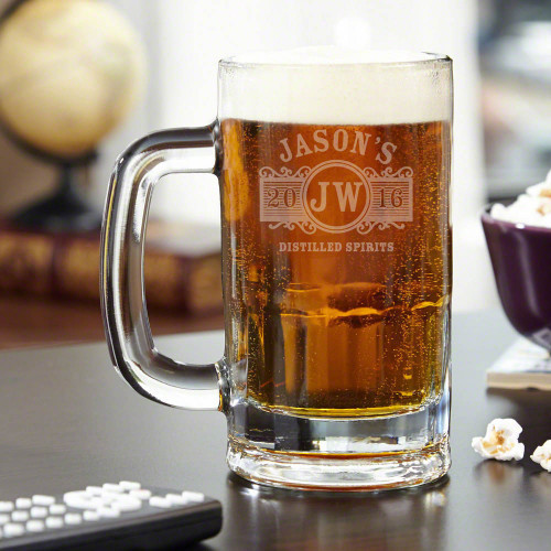 Sit down with your best buddies and cold beer held by our incredibly dapper Marquee custom beer mugs. Engraved with our vintage inspired Marquee graphic, this beer glass is made just for you and features the name, set of initials, year, and phrase of your #mug
