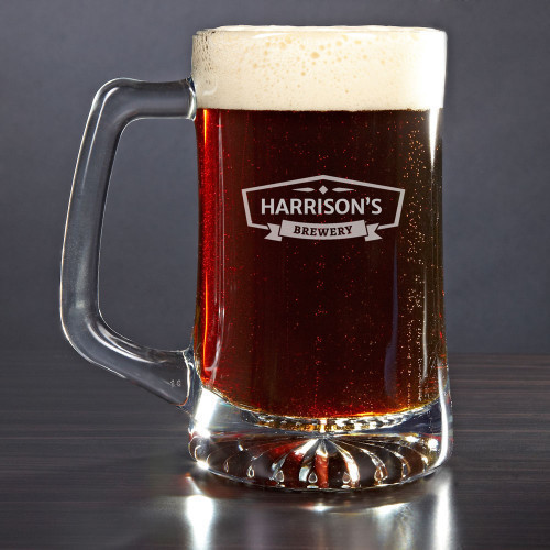 Give a memorable gift to the home brewer in your life with this heavy-duty personalized beer mug. Each custom beer mug comes with the name of your choice etched right into the glass, highlighted by a sleek, retro-style banner. Our permanent engraving stan #mug