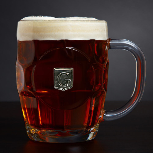 Give a handsome gift to last a lifetime with our personalized beer mug. Crafted from sturdy glass, fixed with a stately pewter crest, each of these monogrammed beer mugs comes with the initial of your choice. A large handle and wide mouth allow for tasty, #mug
