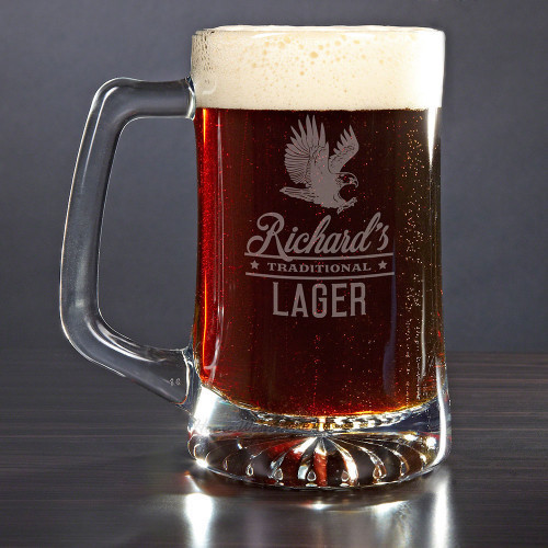 Beer holds a special place in American history. Keep the tradition alive with this time-honored personalized beer mug. Sturdy and classic, this glass beer mug comes engraved with our Rushmore design, featuring a majestic American bald eagle and is persona #mug