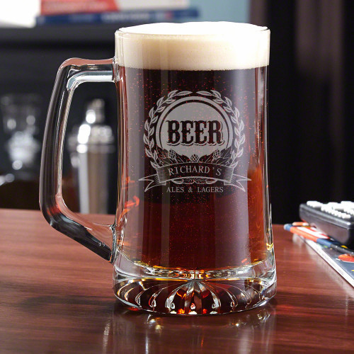 Pull up a stool and grab a cold one with our 25 ounce Mark of excellence beer glass. Featuring a traditional garland of barley and hops this beer glass comes personalized with your name of choice, and is the perfect drinking accessory for your ales and la #mug