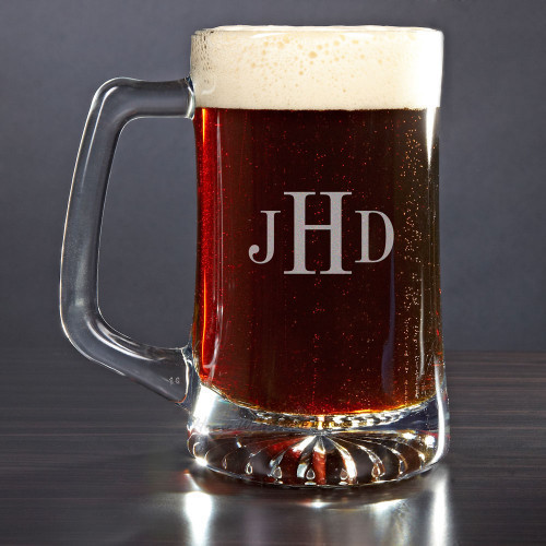 A handsome gift that your groomsmen, father, or husband will love. Crafted from sturdy glass our monogrammed beer mug has a heavy duty weighted base with charming dimples. This monogrammed beer mug shows off a sturdy handle that any guy would be proud to #mug