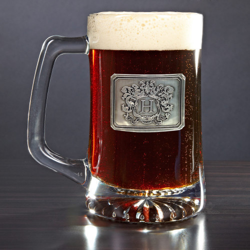 Perfect for groomsmen, colleagues, or any beer drinking friend, our custom beer mug is sure to become a favorite drinking glass. Made of glass, this custom beer mug comes with an embossed pewter crest in the initial of your choice giving your glass a dist #mug