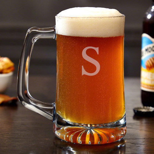 A full, frosty mug of beer is a welcome sight to any beer drinker. Our brewmaster personalized beer mug, filled with your favorite brew, is the best way to accomplish this perfection. Complete with the initial of your choice, this glass beer mug is ready #mug