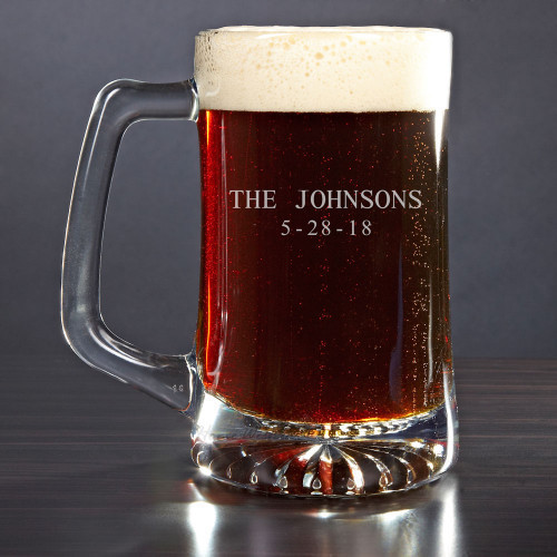 An impressive gift that is certain to please your groomsmen, father, or favorite birthday guy. This personalized beer mug is made of glass, has a handsome weighted base with intricate cuts and detailing, and holds an impressive 25oz of your favorite brew. #mug