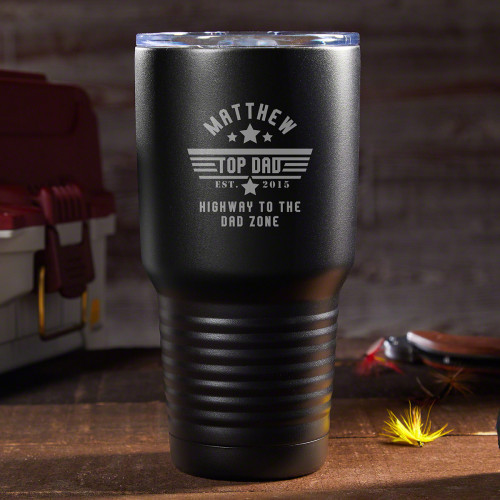 Dads love coffee, and everyone knows that. As a great dad gift, buy your father this engraved travel mug. This mug is a handsome black color and crafted from stainless steel, which means that it will keep his coffee hot for up to 6 hours. If he wants to p #mug