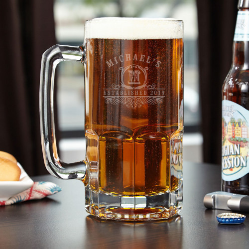 Sometimes you just need a big olâ€™ mug of beer after a long day. This incredibly huge personalized beer mug is plenty big enough for the amount of beer you require for ultimate relaxation. Personalized with our cool Carraway design, you choose the name, #mug