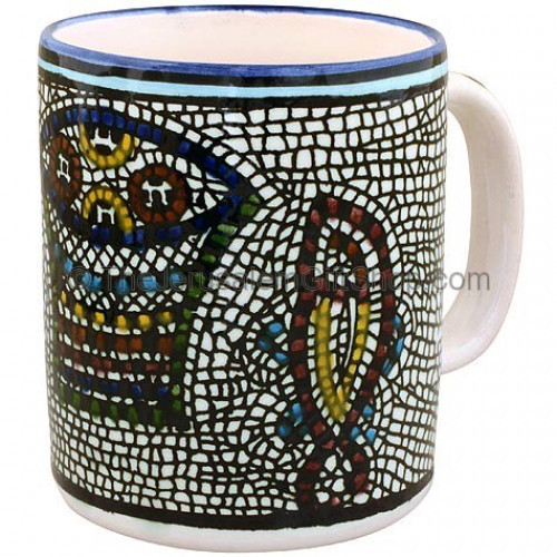 Hand painted Armenian ceramic 'Tabgha' mug. Made in Jerusalem.Size: 4 inches / 10cm high. Lead free. Dishwasher safe. Tabgha in the Galilee is where Jesus performed the miracle of the loaves and the fishes. Shipped to you direct from the Holy Land. #mug