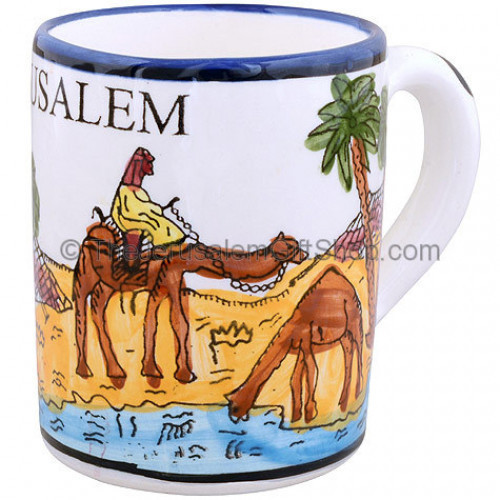 Hand painted Armenian ceramic 'Camels' mug. Made in Jerusalem.Size: 4 inches / 10cm high. Picture features Bedouin riding their camels through the Israeli desert with palm trees. Shipped to you direct from the Holy Land. #mug