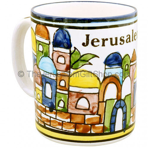 Hand painted Armenian ceramic 'Jerusalem' mug. Made in Jerusalem.Size: 4 inches / 10cm high. Lead free. Picture features colorful Jerusalem Old City scene. Shipped to you direct from the Holy Land. #mug
