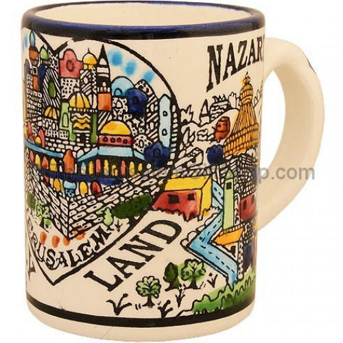 Hand painted ceramic mug with 'Holy Land' written in bold letters featuring colorful pictures from Jerusalem, Nazareth and Bethlehem. Made in Jerusalem.Size: 4 inches high. Shipped to you direct from Israel. #mug
