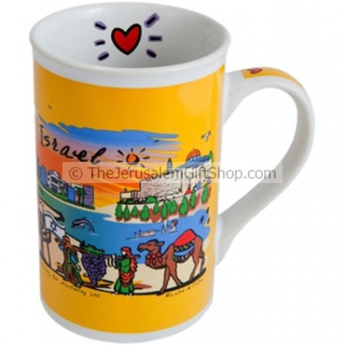 Bright and cheerful souvenir mug featuring Israeli tourist attractions including Jerusalem, Tel-Aviv and Eilat. Size: 4.8 inches / 12 cm high. Shipped to you direct from the Holy Land. #mug