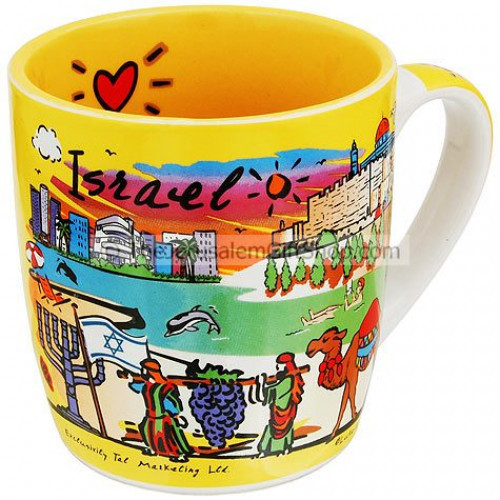Brightly colored souvenir mug featuring Israeli tourist attractions including Jerusalem, Tel-Aviv and Eilat. Opposite side of mug is written 'Israel' with a big red heart above. Size: 3.8 inches / 9.5 cm high.Comes in gift presentation box. Shipped t #mug